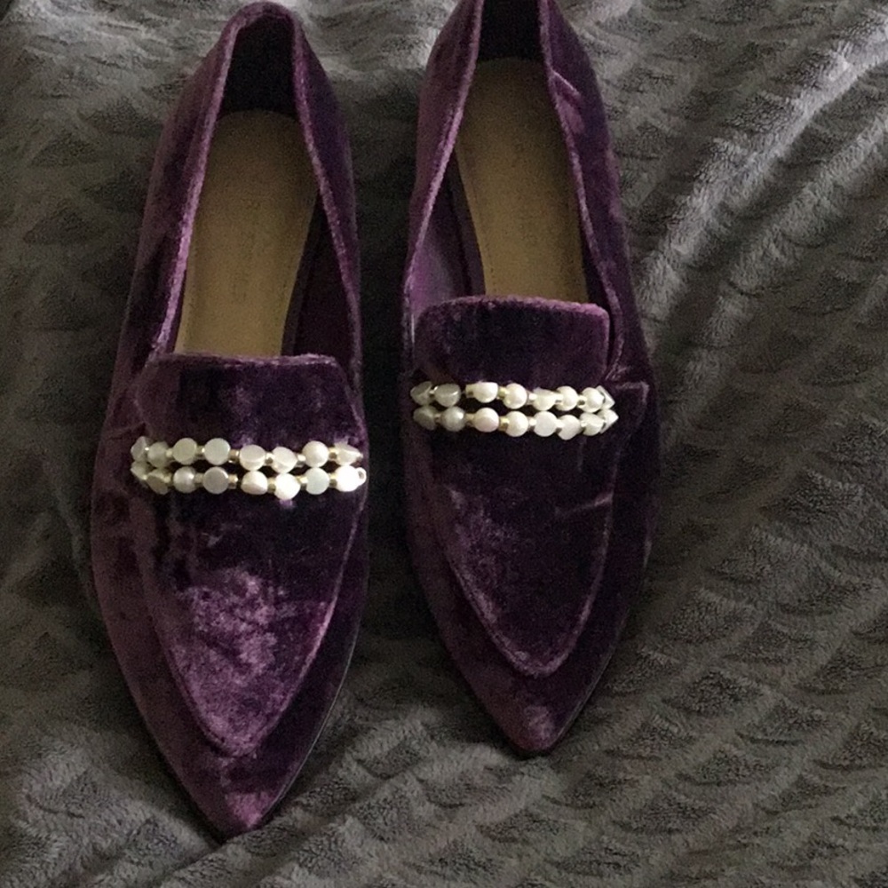 Purple Velvet Pointed Toe Loafers with Pearl Accent